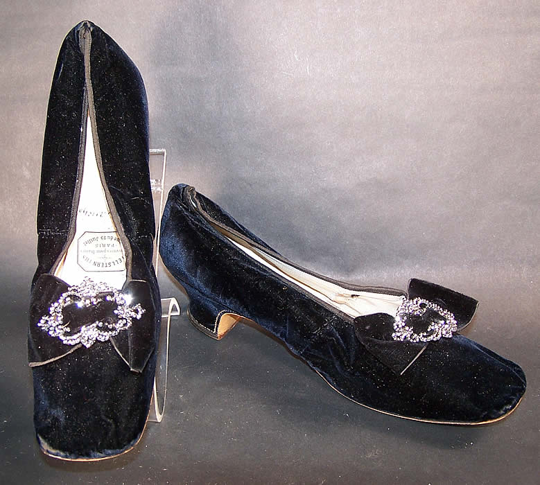 Hellstern Paris Label Victorian Velvet Steel Cut Buckle Straight Sole Shoes   Front view.