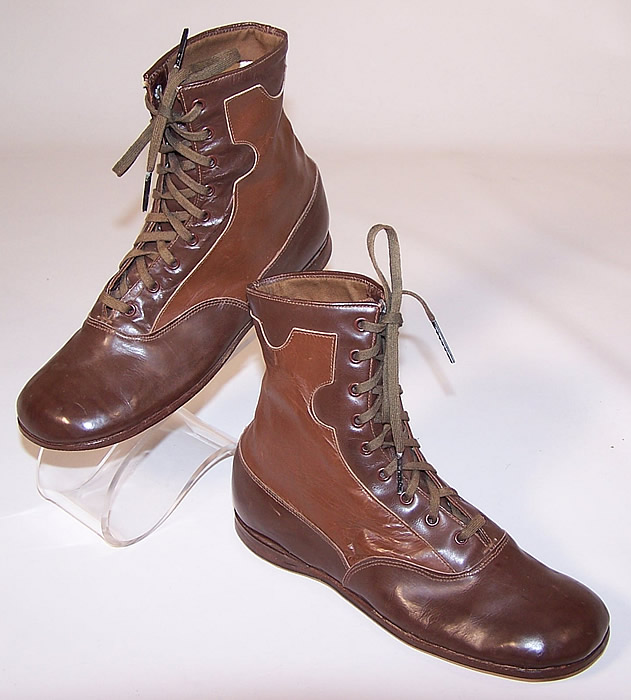 Unworn Edwardian Two Tone Brown Leather High Top Lace-up Youth Boots