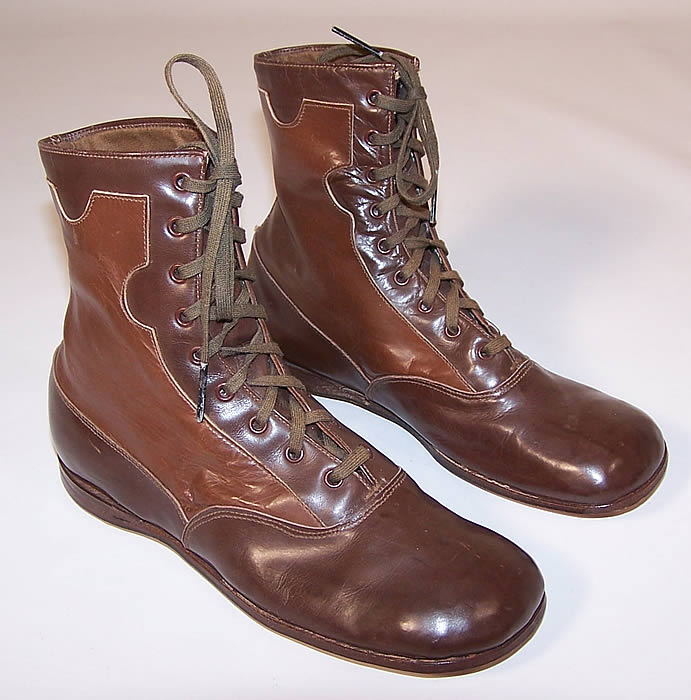 Unworn Edwardian Two Tone Brown Leather High Top Lace-up Youth Boots 