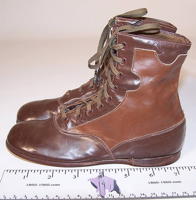 Unworn Edwardian Two Tone Brown Leather High Top Lace-up Youth Boots  side view.