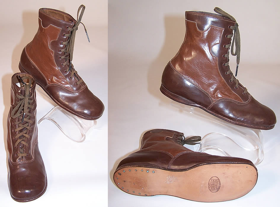 Unworn Edwardian Two Tone Brown Leather High Top Lace-up Youth Boots two views right shows the sole