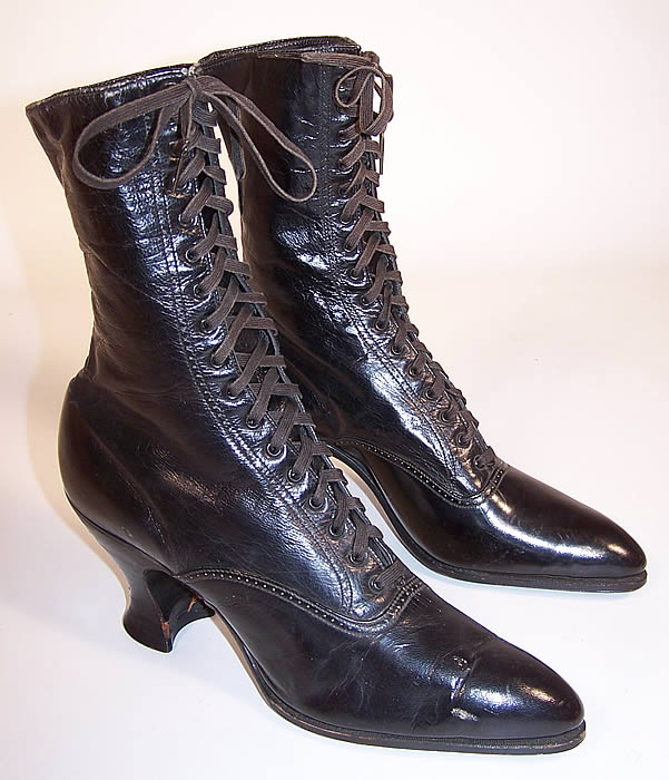 Unworn Victorian Philbern Shoes Black Leather High Top Lace-up Boots 