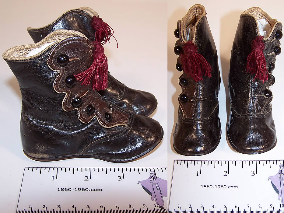 Victorian Brown Leather Red Tassel High Button Baby Boots Child Shoes two views