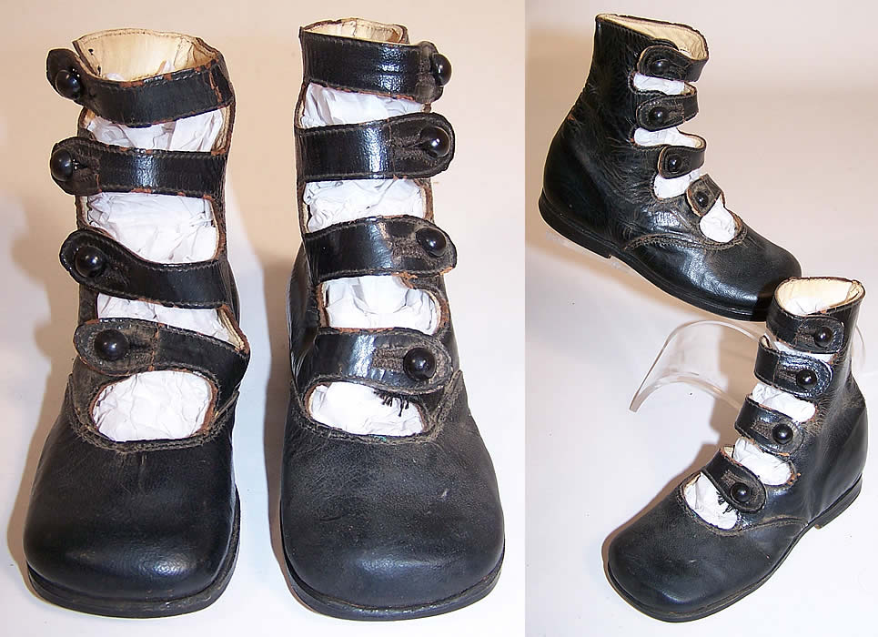 Victorian Black Leather High Top 4 Button Strap Baby Boots Childs Shoes two views