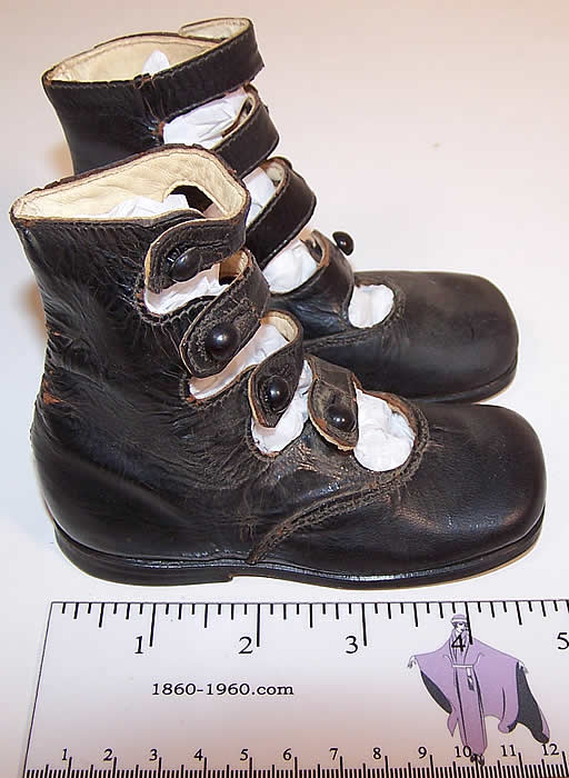 Victorian Black Leather High Top 4 Button Strap Baby Boots Childs Shoes side view.