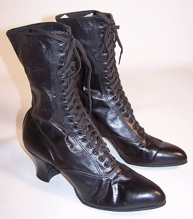 Unworn Women's Vintage Victorian Black Leather High Top Lace-up Boots side view.