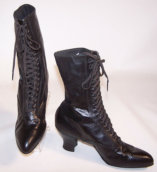 Unworn Women's Vintage Victorian Black Leather High Top Lace-up Boots