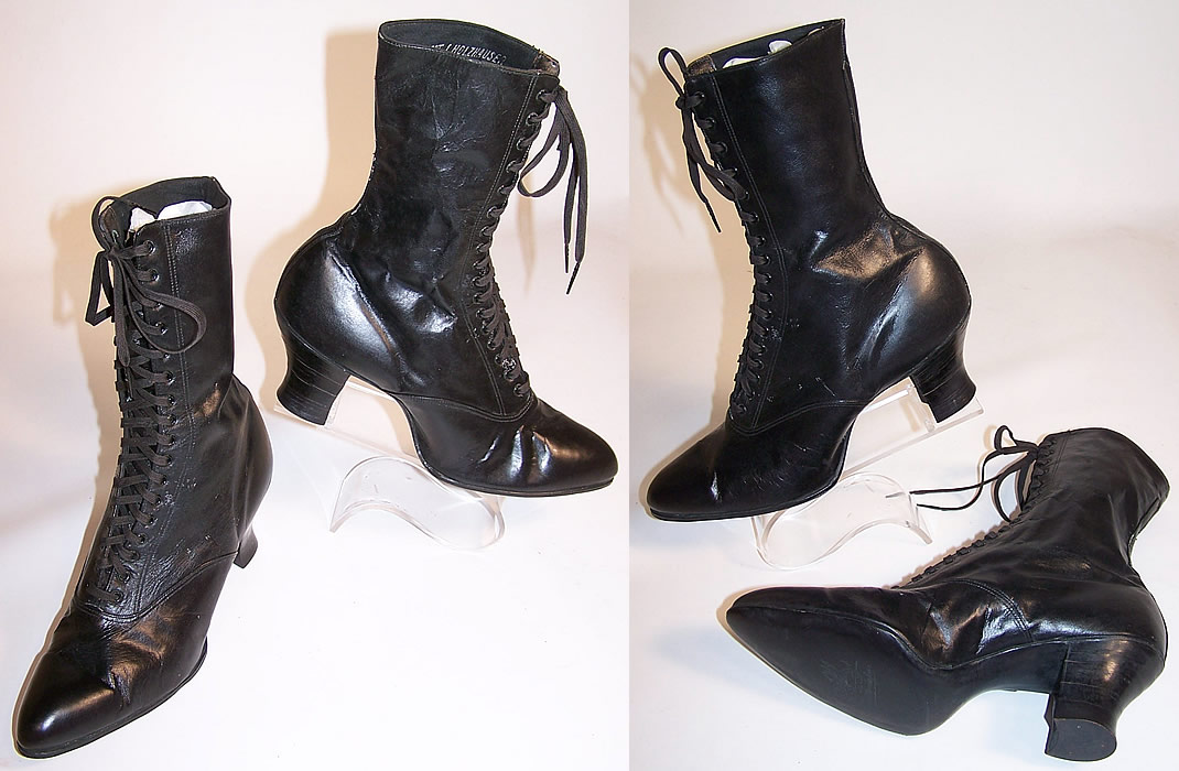 Unworn Women's Vintage Victorian Black Leather High Top Lace-up Boots two views