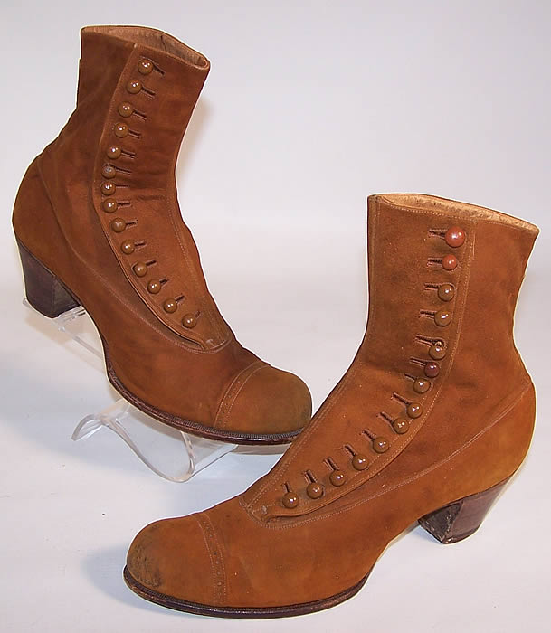 Victorian Brown Tan Suede Leather High Top Button Boots