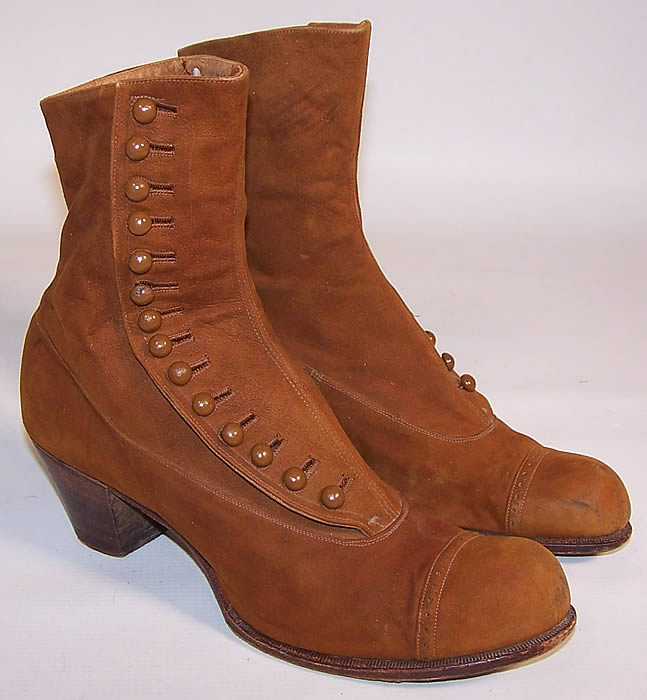 Victorian Brown Tan Suede Leather High Top Button Boots