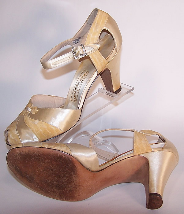 Vintage Thayer McNeil Cream Silk Satin Ankle Strap Evening Wedding Shoes