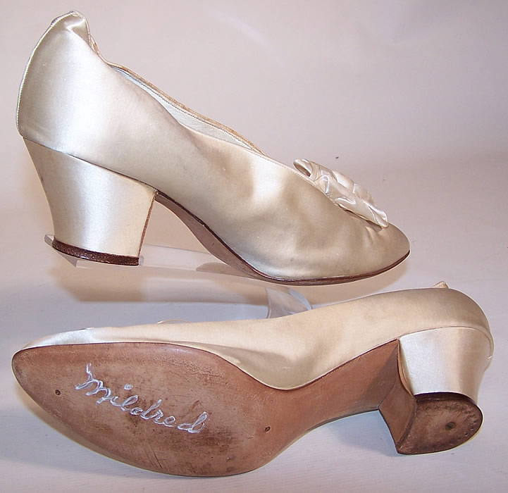 Edwardian Jordan Marsh Co. White Silk Rosette Bridal Wedding Shoes the name "Mildred" written on the bottom leather sole