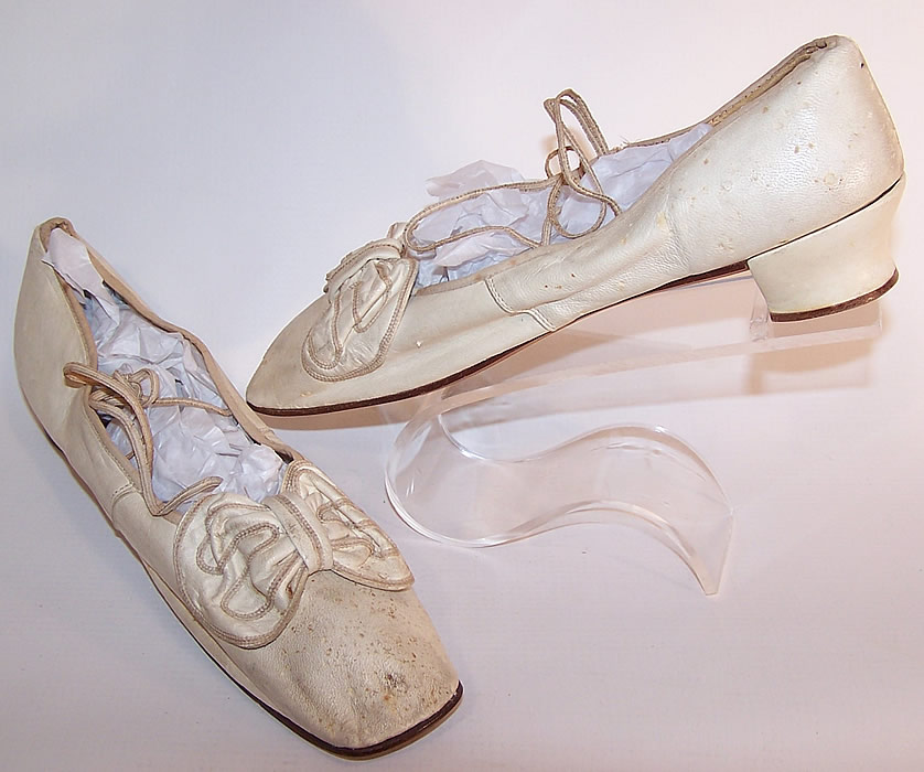 Victorian Wedding White Kid Bow Trim Ribbon Ties Straight Sole Shoes