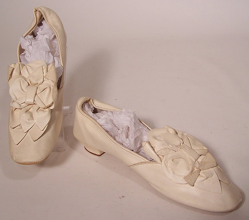 Victorian Wedding White Kid Leather Rosette Petal Bow Trim Heel Shoes