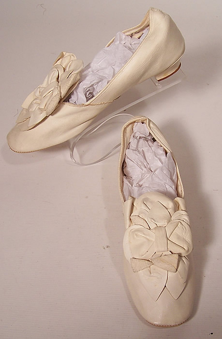 Victorian Wedding White Kid Leather Rosette Petal Bow Trim Heel Shoes