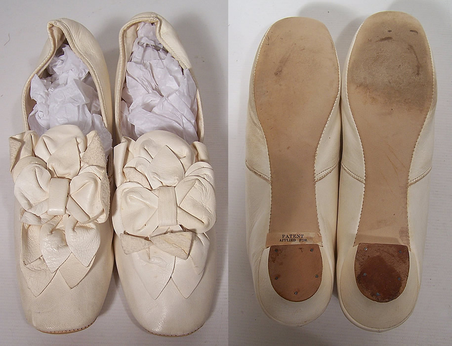 Victorian Wedding White Kid Leather Rosette Petal Bow Trim Heel Shoes top and bottom