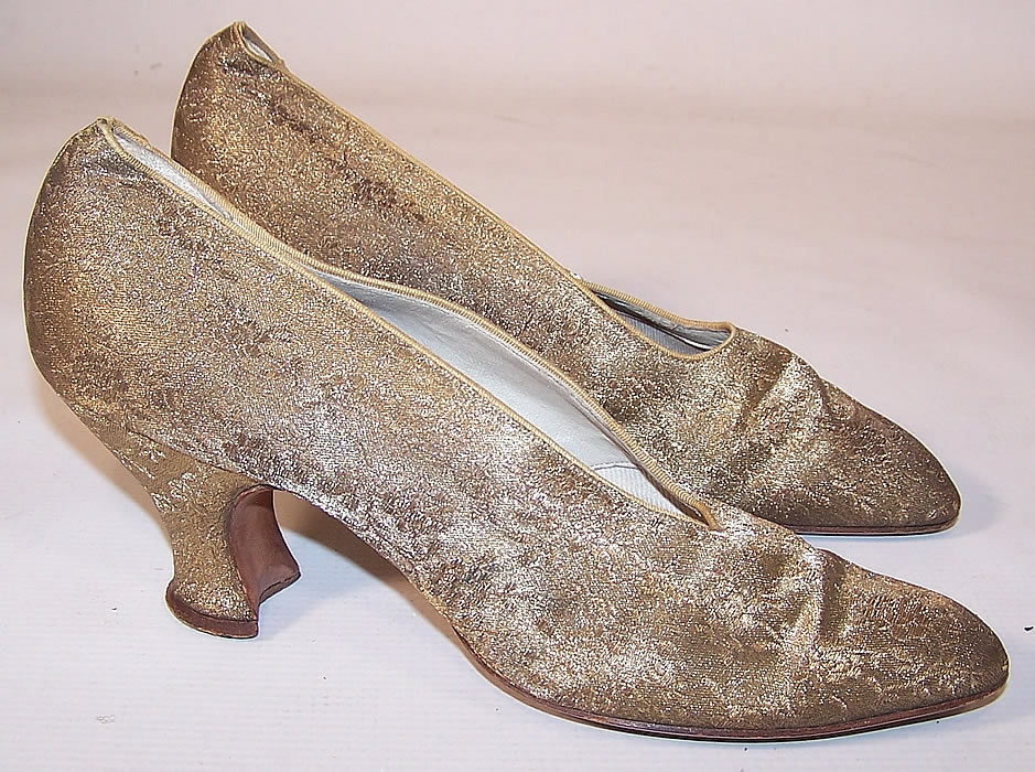 Vintage J&J Slater NY Art Deco Gold Lamé Brocade Flapper Slipper Shoes