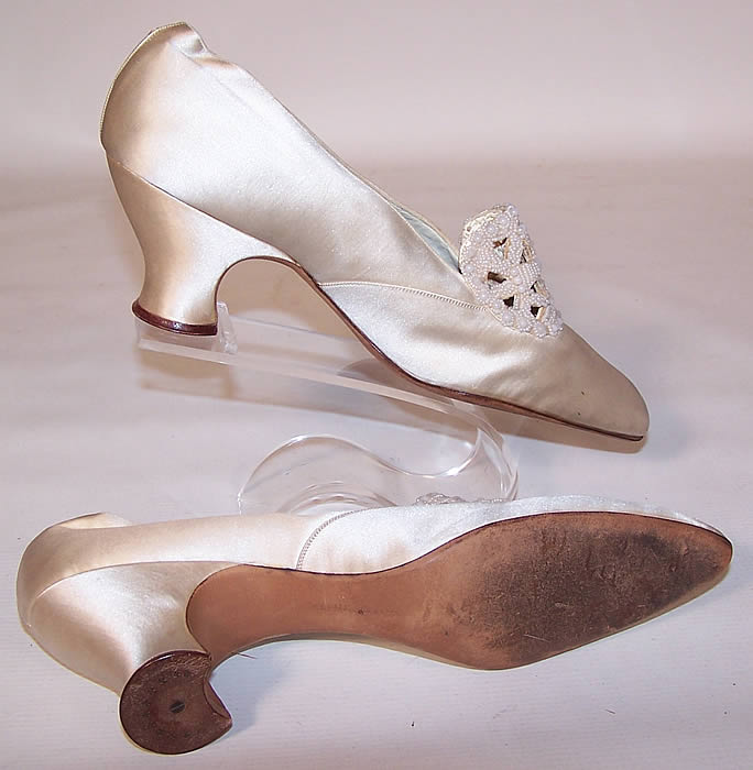 Edwardian Halle Brothers Co. White Silk Beaded Bridal Wedding Shoes