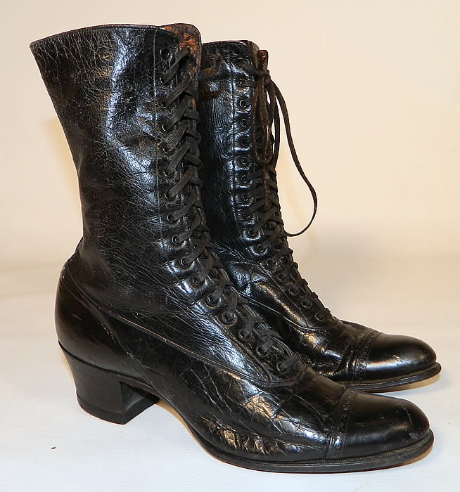 Victorian Slender Foot Shoes Black Leather High Top Lace-up Boots