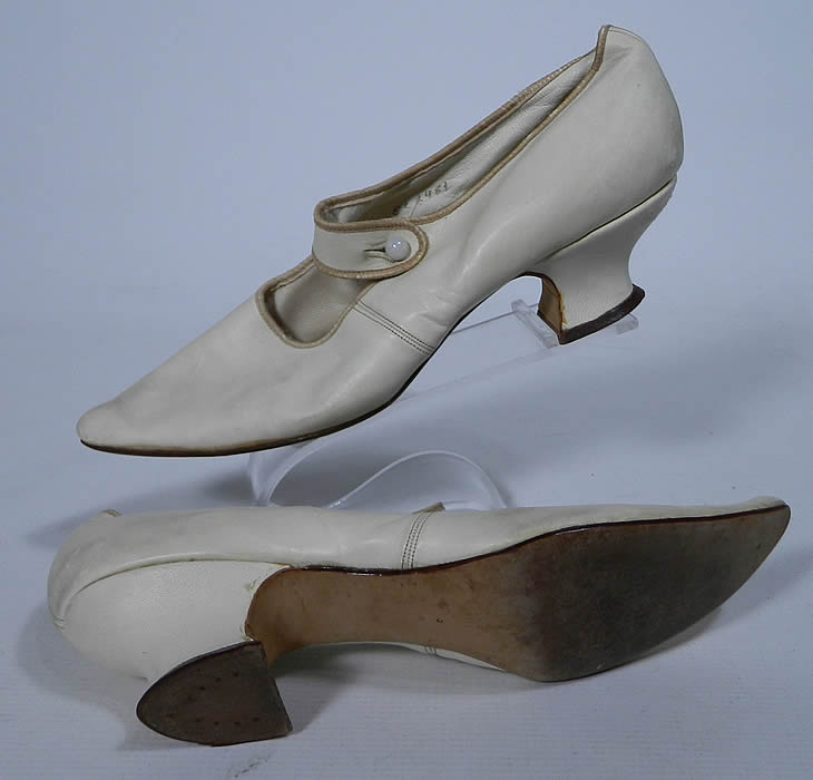 Edwardian White Kid Leather Button Strap Mary Jane Bridal Wedding Shoes