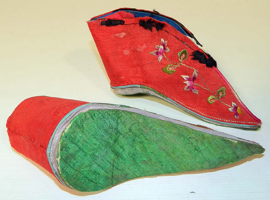 Antique Chinese Red Silk Embroidered Bound Foot Lotus Slipper Wedding Shoes