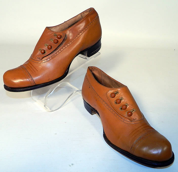 Unworn Edwardian Brown Tan Leather Low Button Shoes