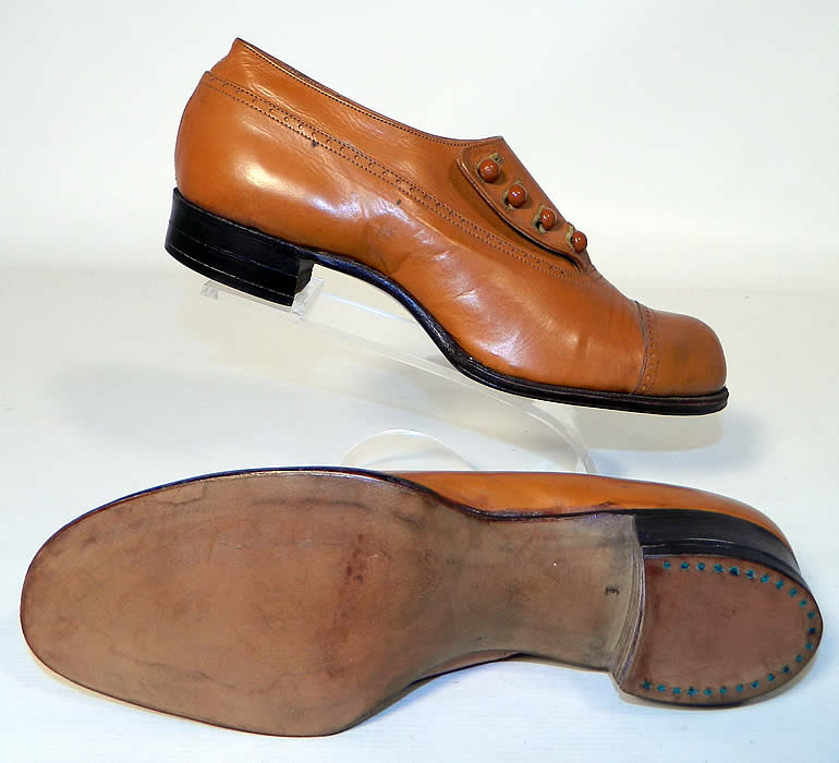 Unworn Edwardian Brown Tan Leather Low Button Shoes