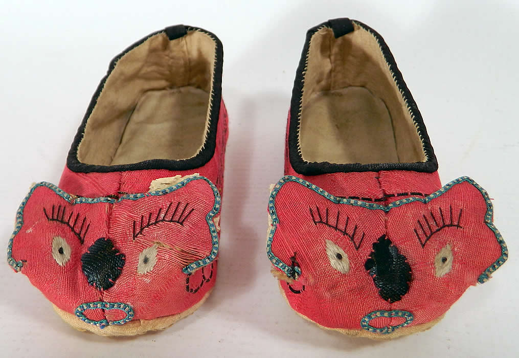 Antique Chinese Child's Red Silk Dragon Shoes