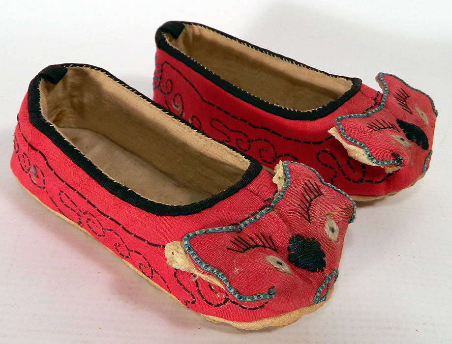 Antique Chinese Child's Red Silk Dragon Shoes