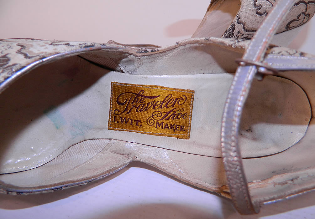 Vintage The Traveler Shoe Art Deco White Silk Silver Lamé Flapper Shoes label  close up.