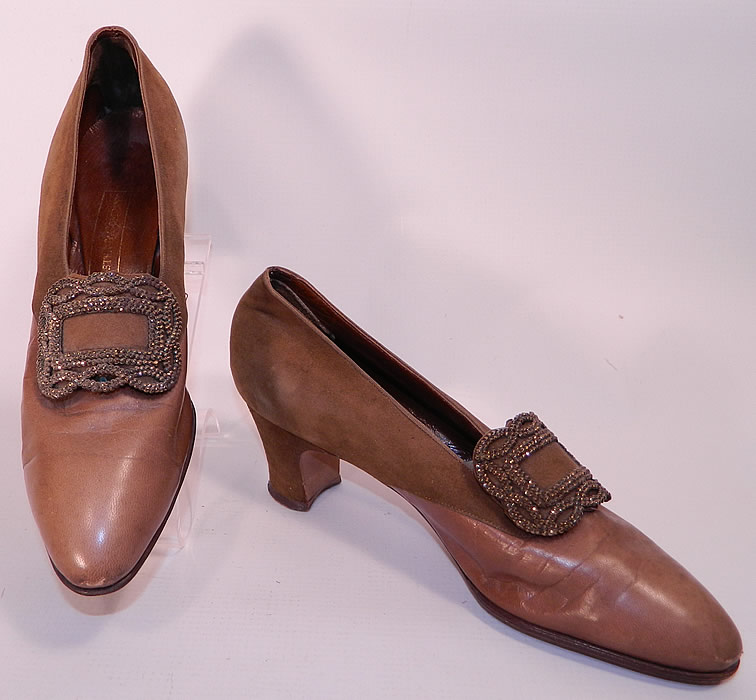 Edwardian F.E. Foster & Co Brown Leather Bronze Beaded Buckle Shoes