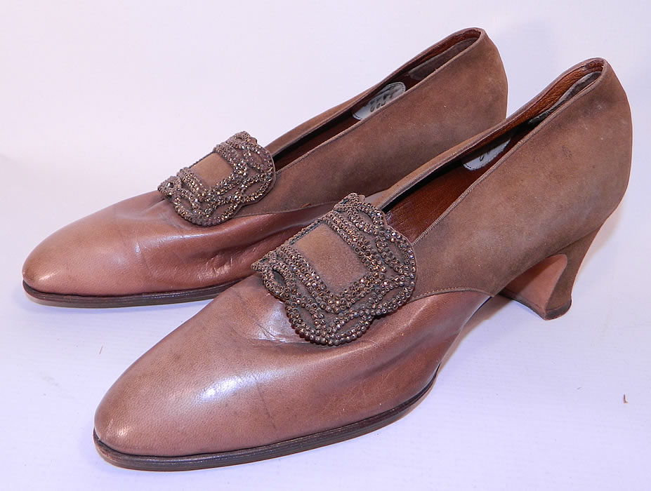 Edwardian F.E. Foster & Co Brown Leather Bronze Beaded Buckle Shoes