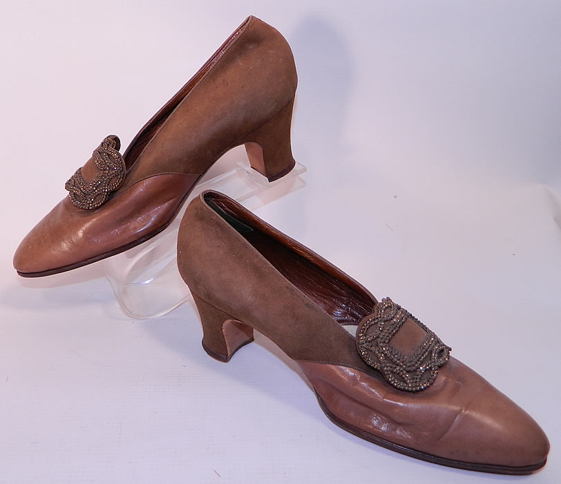 Edwardian F.E. Foster & Co Brown Leather Bronze Beaded Buckle Shoes