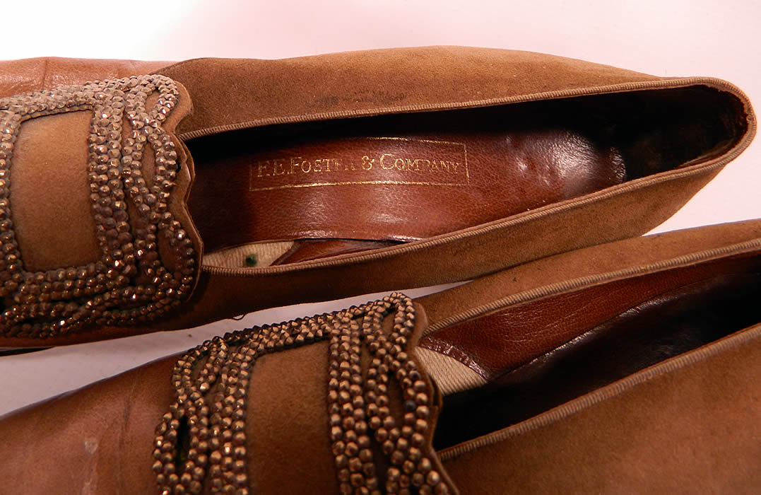 Edwardian F.E. Foster & Co Brown Leather Bronze Beaded Buckle Shoes close up.