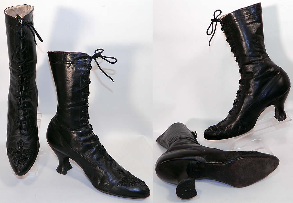 Victorian Antique Black Leather Jet Beaded High Top Lace-up Boots. The boots measure 11 1/2 inches tall, 10 inches long, 2 1/2 inches wide, with 3 inch high heels.