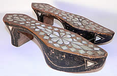 Antique Middle Eastern Mother of Pearl Inlaid Hand Carved Wooden Shoes. 