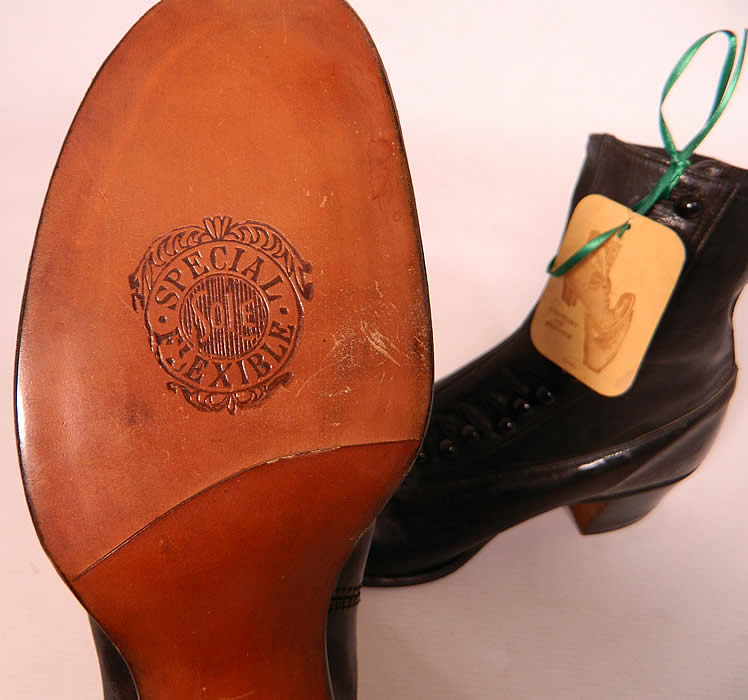 Victorian Unworn Vintage Welteze Shoes Black Leather High Button Boots. They are stamped on the bottom leather soles "Special Flexible Sole" and come with the original paper tag from "Welteze Shoes".