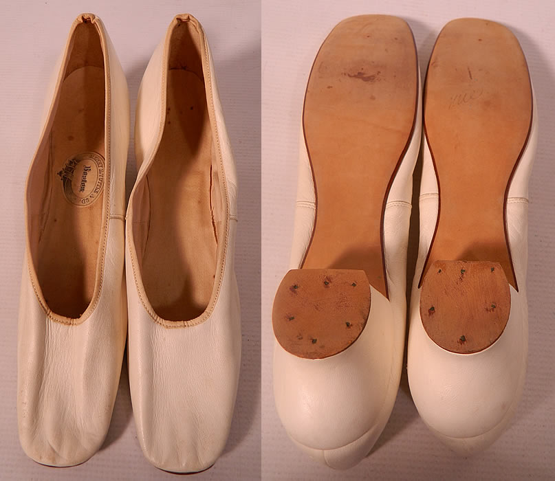 Victorian Henry H Tuttle & Co Boston Label White Kid Straight Sole Shoes. The shoes measure 10 inches long, 2 1/2 inches wide, with a 1 1/2 inch high heel. 