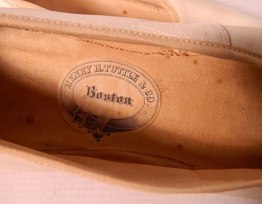 Victorian Henry H Tuttle & Co Boston Label White Kid Straight Sole Shoes. They are lined in linen and still have the original paper label inside from "Henry H. Tuttle Co. Boston". 