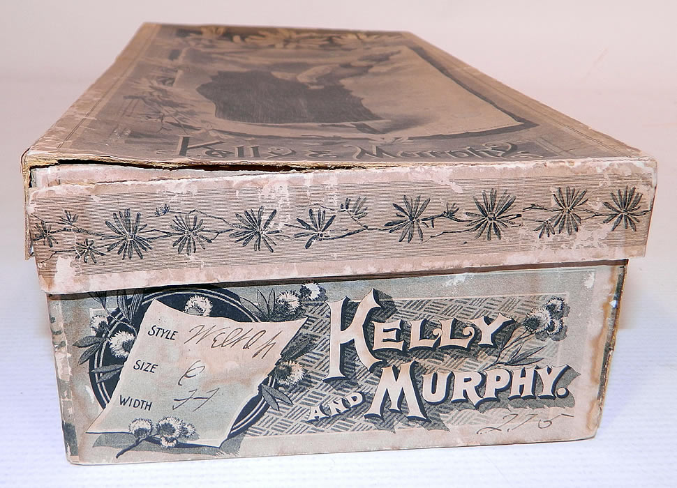 Victorian Kelly & Murphy Black Leather Ribbon Tie Shoes & Box. The shoe box has wear with some paper loss and breaks small rips. 