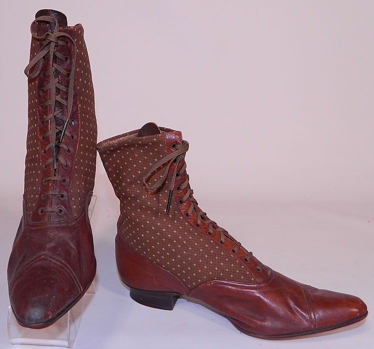 Victorian Brown Brocade Wool & Leather Two Tone High Top Lace-up Boots. These antique boots are difficult to size for today's foot but my guess would be about a size 6 or 7 narrow width.