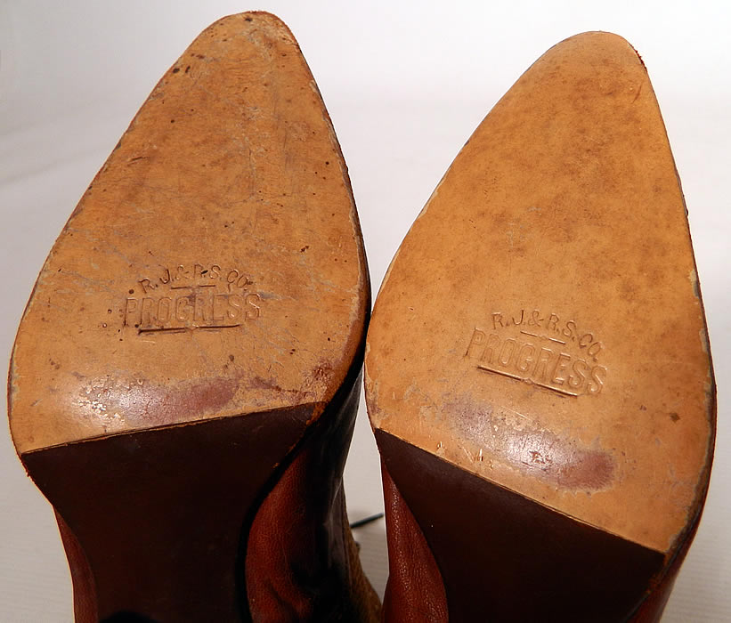 Victorian Brown Brocade Wool & Leather Two Tone High Top Lace-up Boots. They are stamped on the bottom leather soles "R.J. & R.S. Co. Progress". The boots measure 7 1/2 inches tall, 10 inches long and 2 1/2 inches wide.