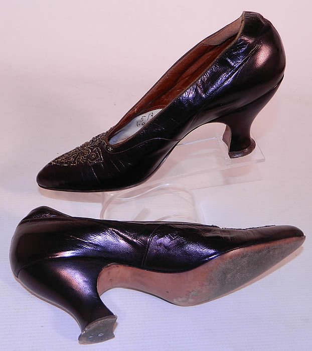 Vintage G. Fox & Co.  Edwardian Titanic Era Iridescent Aubergine Bronze Beaded Shoes. The shoes measure 10 1/2 inches long, 2 1/2 inches wide, with a 3 inch heel and are stamped inside a size 5B. 