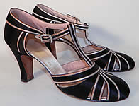 Vintage Saks Fifth Avenue Art Deco Silver Lamé Black Satin T-Strap Shoes