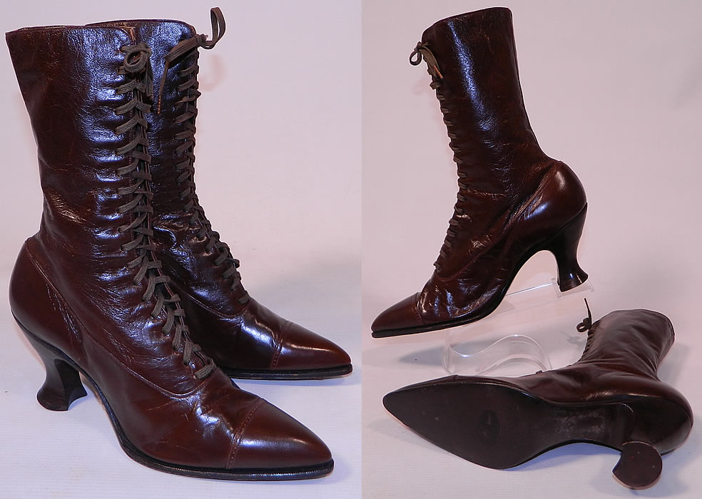 Unworn Victorian Walk Over Brown Leather High Top Lace-up Boots. The boots measure 10 1/2 inches long, 2 1/2 inches wide, with 3 inch high heels. These antique boots are difficult to size for today's foot but my guess would be about a size 7 narrow width.