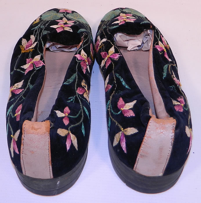 Victorian Black Velvet Violet Embroidered Men's Slipper Shoes. These would make for a wonderful display piece and are a unique piece of wearable shoe art! 