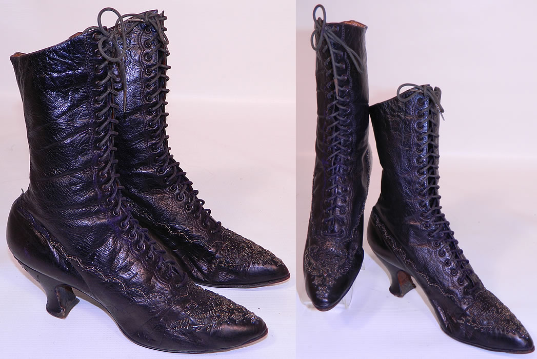 Victorian Aubergine Leather Steel Cut Beaded Patriotic Stars High Top Lace-up Boots. These beautiful beaded boots have the original black shoe laces, pointed toes and leather covered French spool heels.