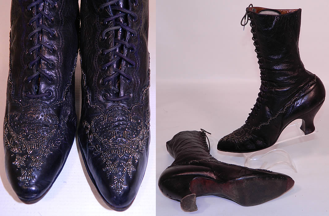 Victorian Aubergine Leather Steel Cut Beaded Patriotic Stars High Top Lace-up Boots. They are in good condition, have been gently worn, with only some minor creasing, scuffing on the leather and a few missing beads. These are truly a rare and quality made boot great for display! 