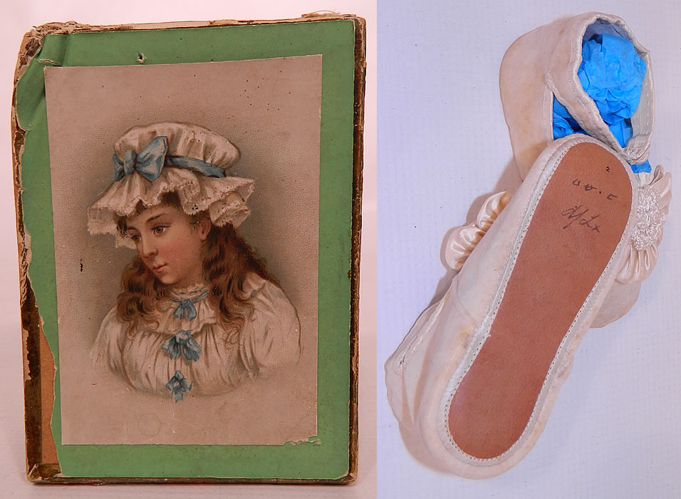 Victorian Antique White Velvet Rosette Maryjane Baby  Infant Shoes & Box. These precious little maryjane style shoes have a ankle strap button closure, leather bottom soles and rounded square toes.