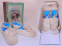 Victorian Antique White Velvet Rosette Maryjane Baby  Infant Shoes & Box